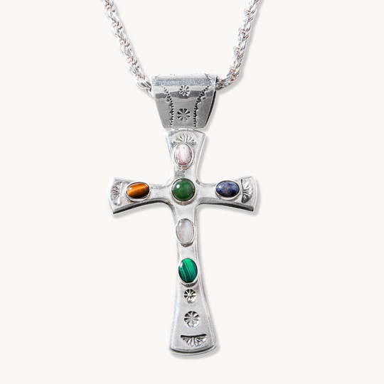 Multi-Stone Cross Pendant with Rope Chain