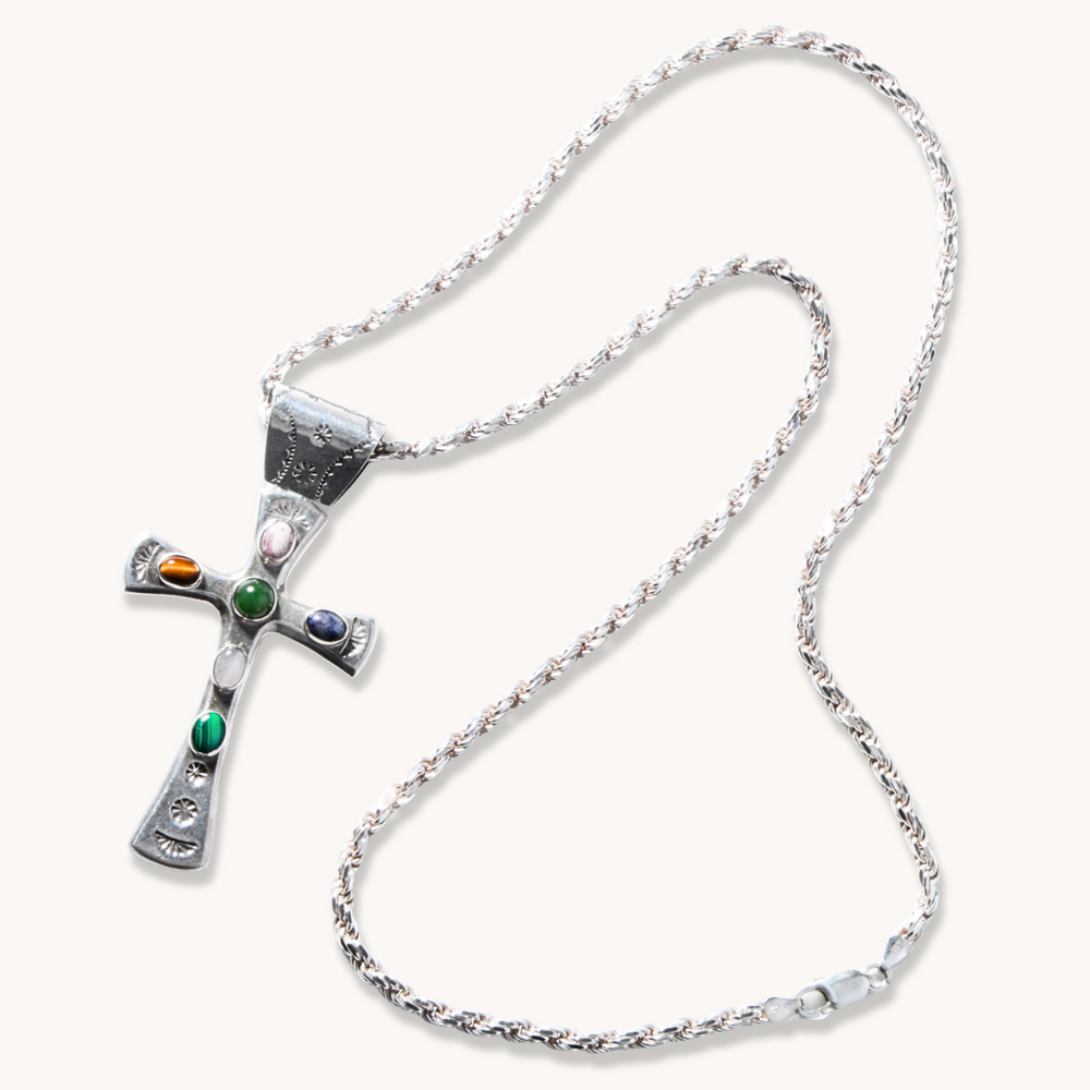 Multi-Stone Cross Pendant with Rope Chain