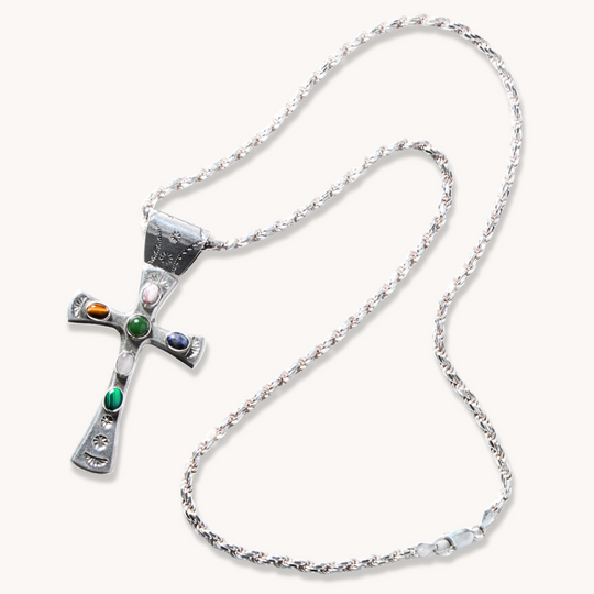 Multi-Stone Cross Pendant with Rope Chain