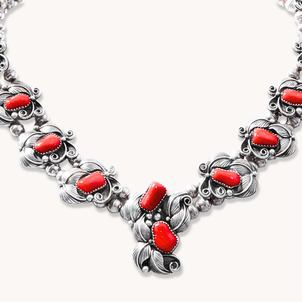 Navajo Pearls Necklace with Coral Applique Pendants