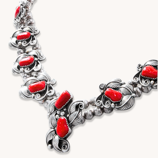 Navajo Pearls Necklace with Coral Applique Pendants