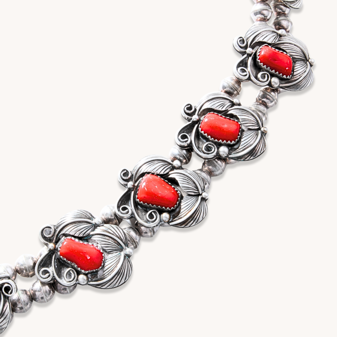 Navajo Pearls Necklace with Coral Applique Pendants