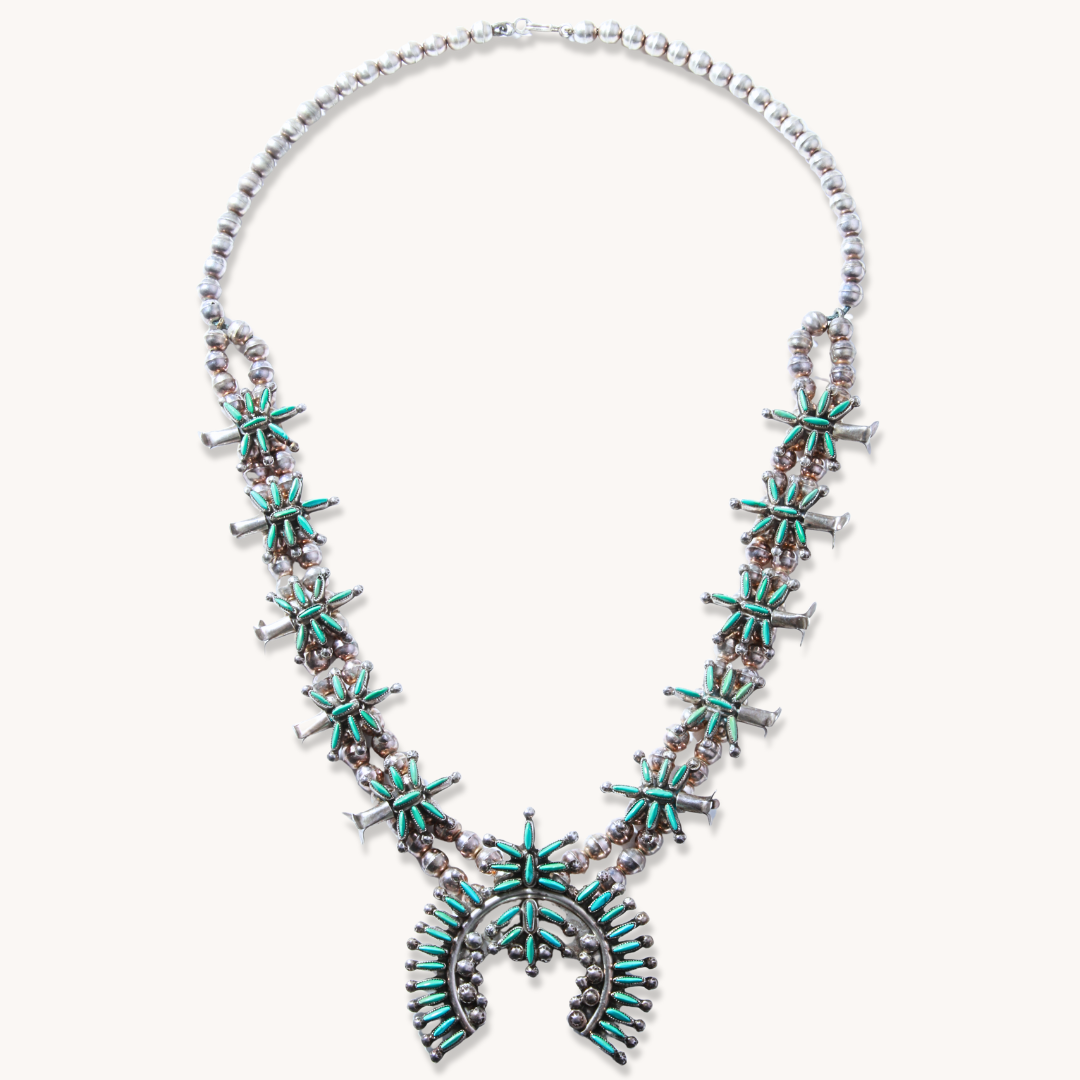 Vintage Zuni Petit Point Turquoise Squash Blossom Necklace