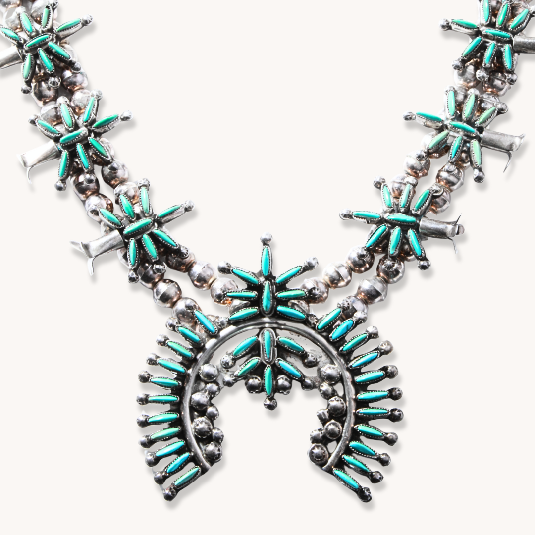 Vintage Zuni Petit Point Turquoise Squash Blossom Necklace