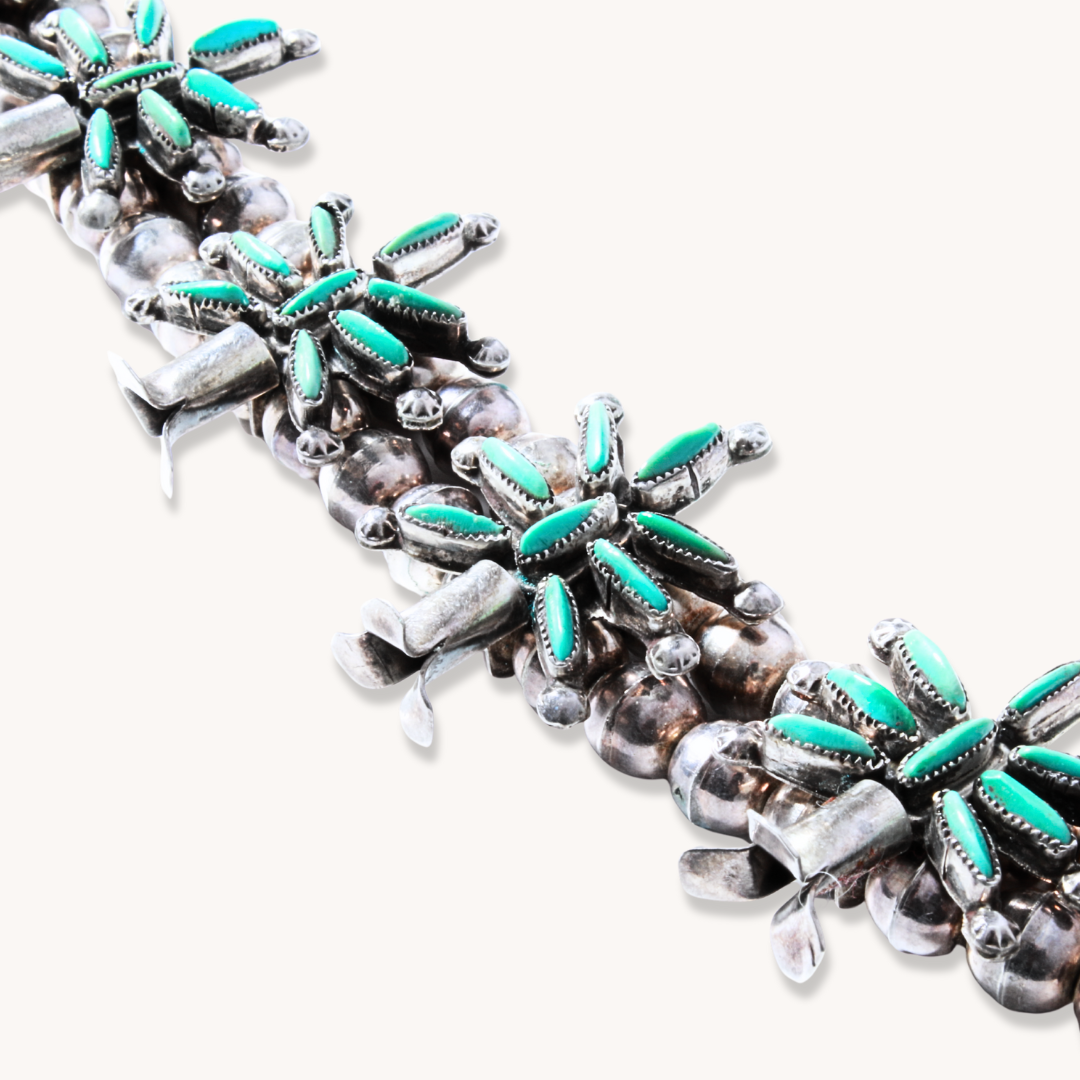 Vintage Zuni Petit Point Turquoise Squash Blossom Necklace