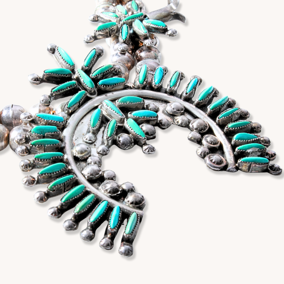 Vintage Zuni Petit Point Turquoise Squash Blossom Necklace
