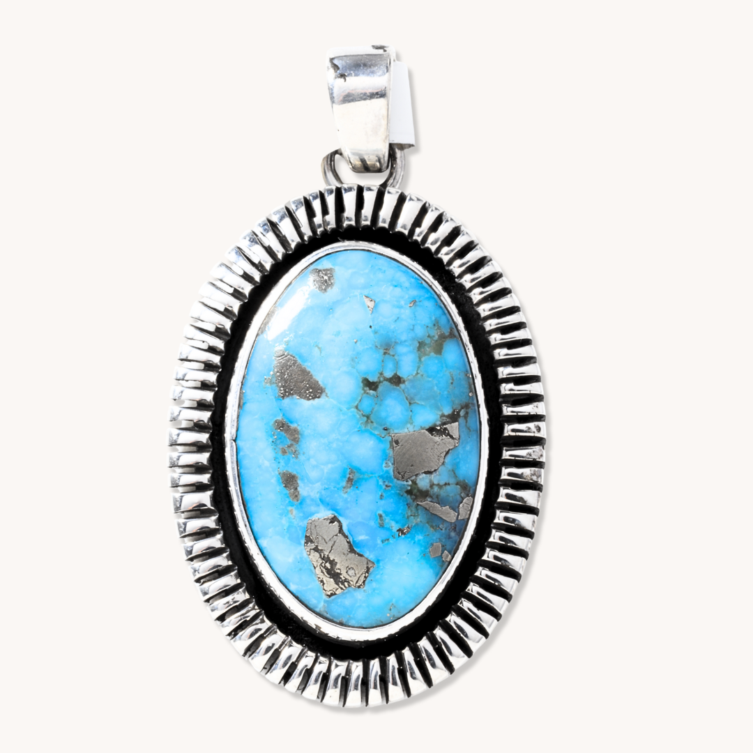 Turquoise Pendants with Saw-Work Border