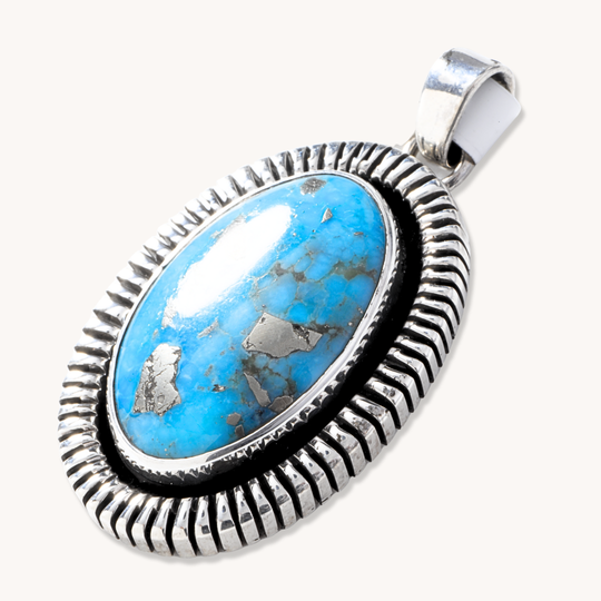 Turquoise Pendants with Saw-Work Border