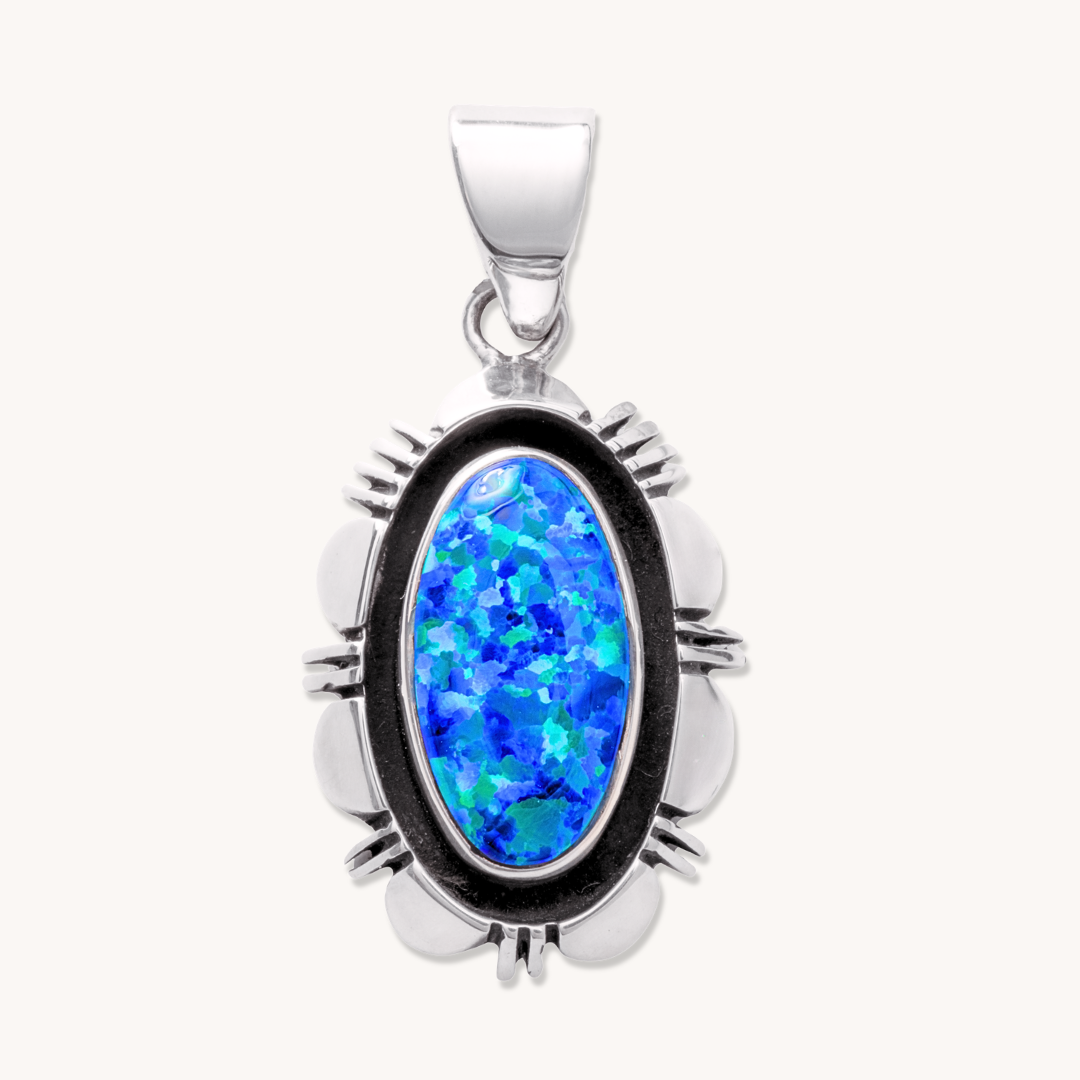 Blue Opal Pendant with File-Work Border