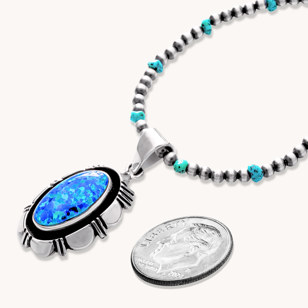Blue Opal Pendant with File-Work Border