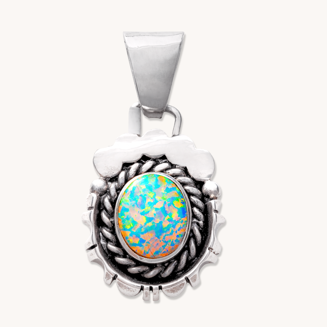 White Opal Pendant with File-Work Border