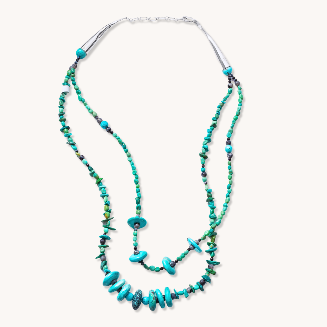 2-Strand Turquoise Beads Necklace with Obsidian Accents