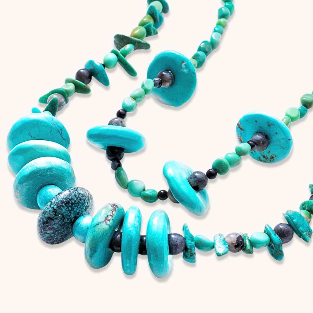 2-Strand Turquoise Beads Necklace with Obsidian Accents