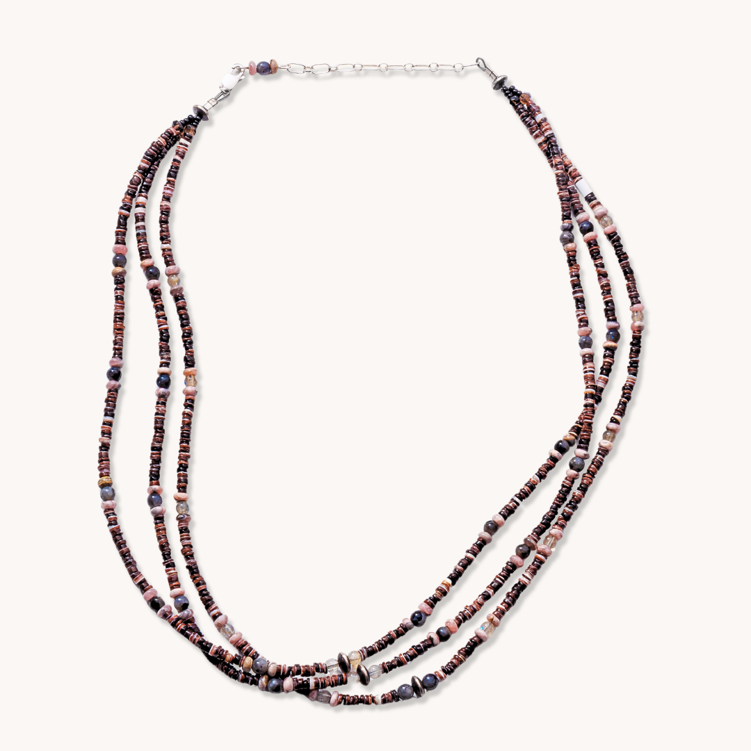 3-Strand Pinshell Heishe Necklace with Labradorite and Rhodonite