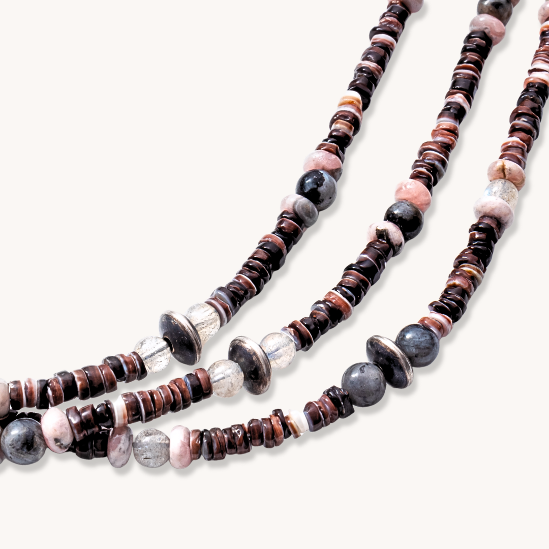 3-Strand Pinshell Heishe Necklace with Labradorite and Rhodonite