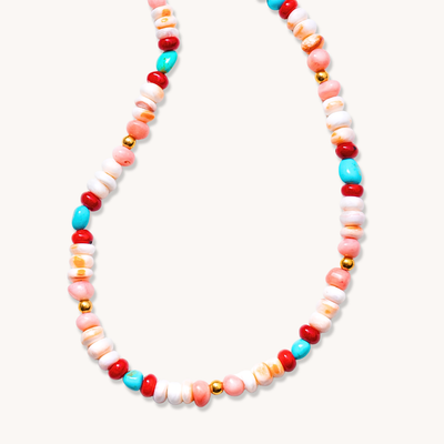 Turquoise, Coral, and Spiny Oyster Beads Necklace — hand-stamped sterling silver