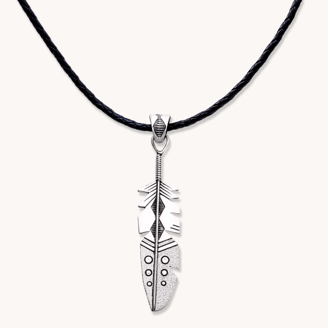Hand-Stamped Feather Pendant on Leather Cord