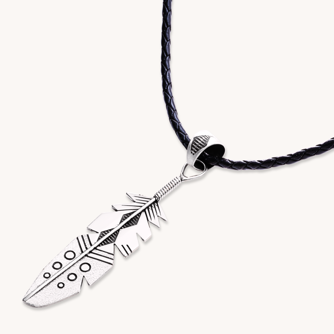 Hand-Stamped Feather Pendant on Leather Cord