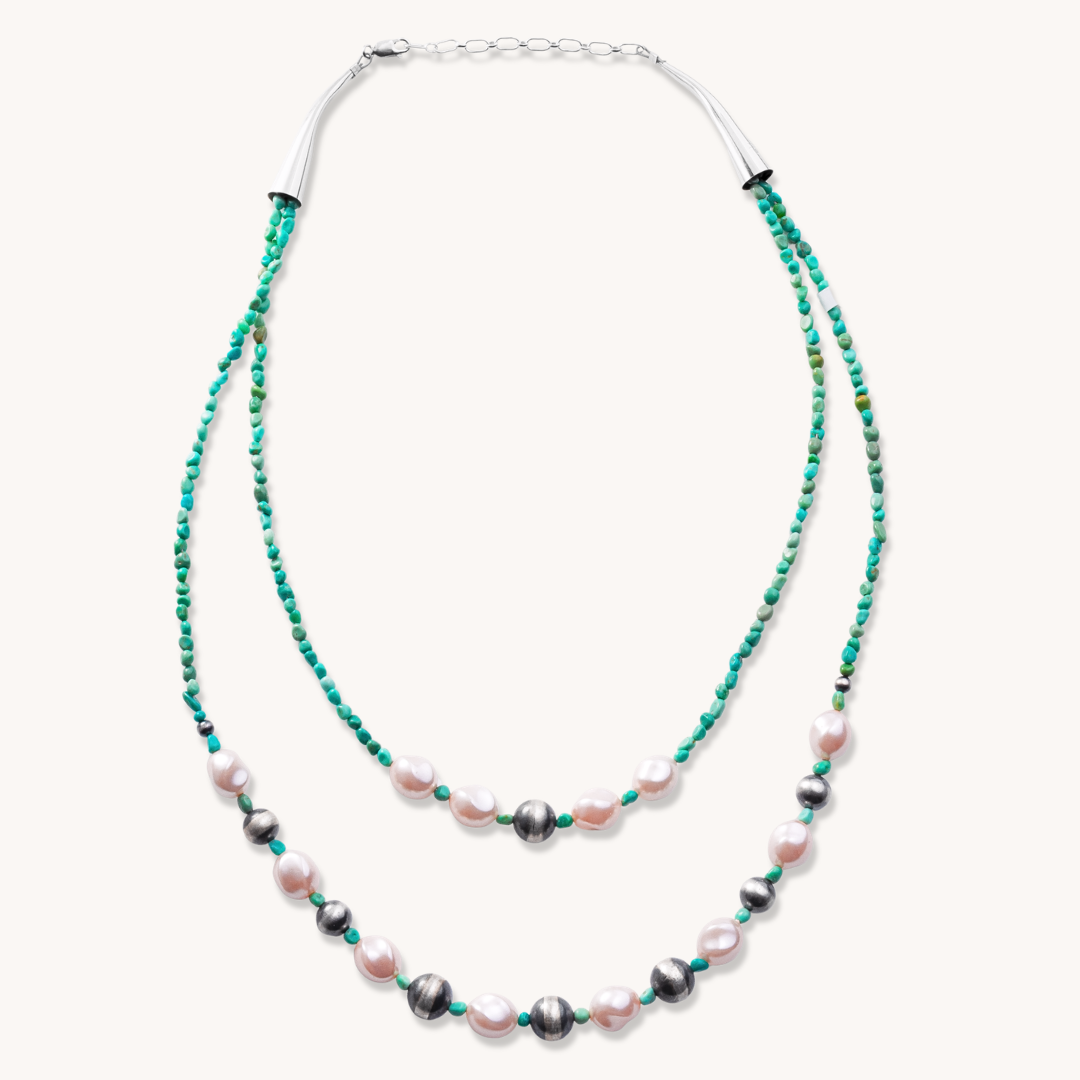 2-Strand Turquoise, Silver, and Faux Pearls Beaded Necklace