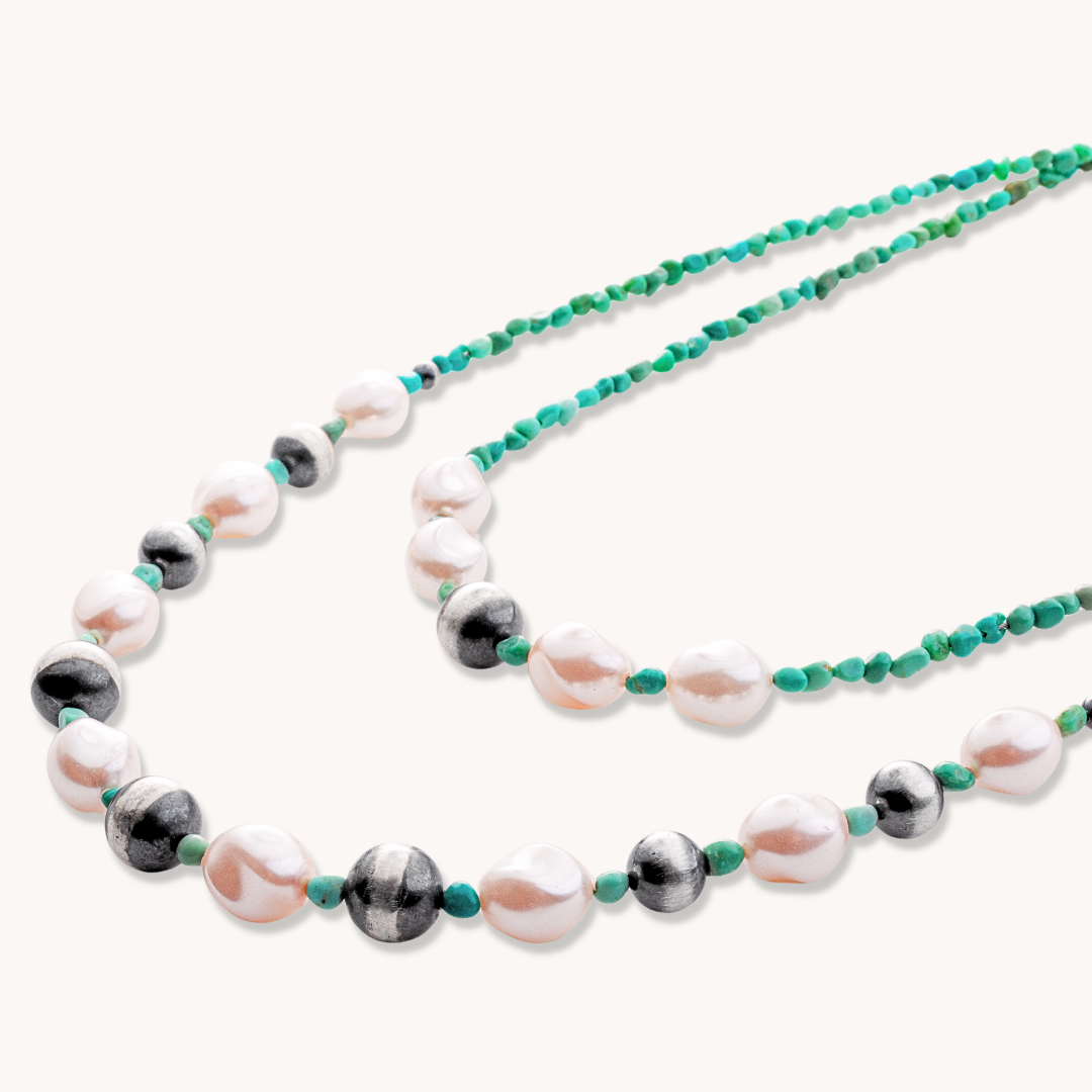 2-Strand Turquoise, Silver, and Faux Pearls Beaded Necklace