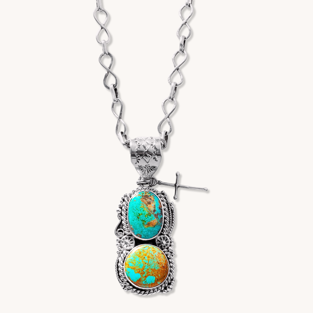 2-Stone Turquoise Pendant with Twist Wire & Filigree Accents