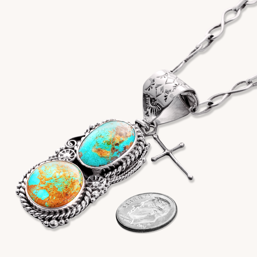 2-Stone Turquoise Pendant with Twist Wire & Filigree Accents
