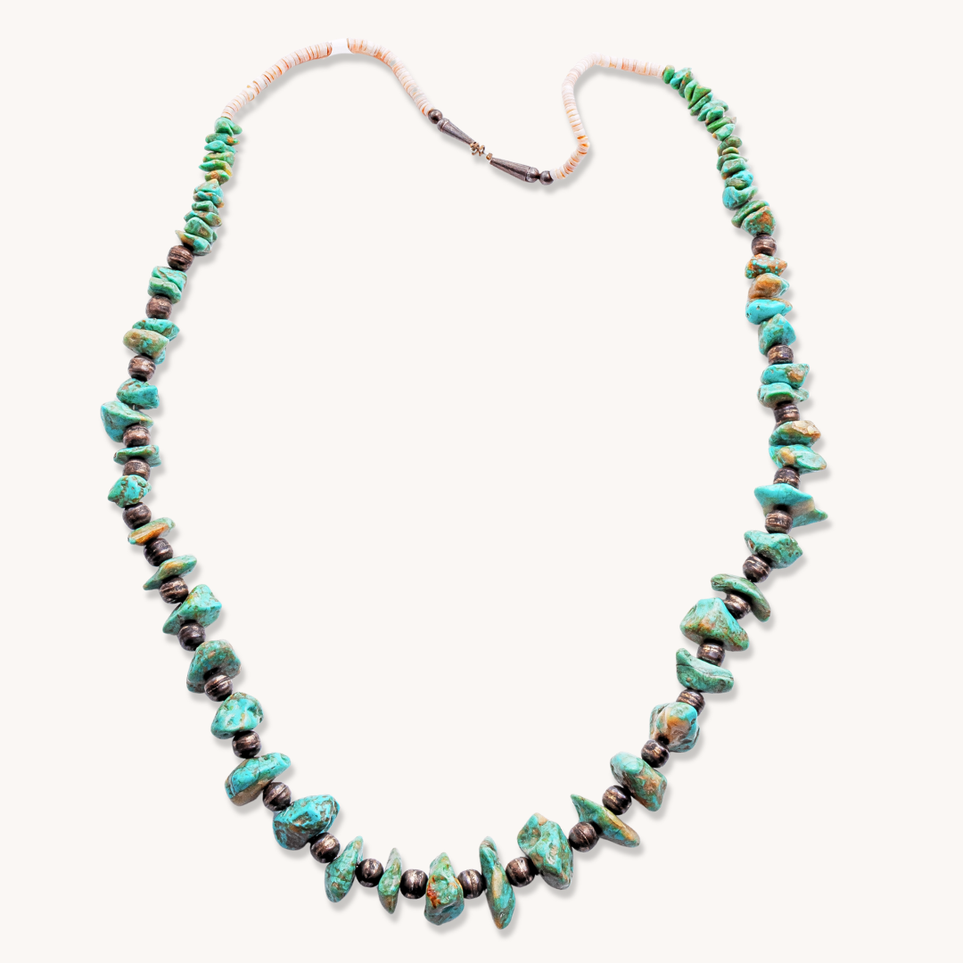 Turquoise Nugget and Sterling Silver Bench Beads Necklace