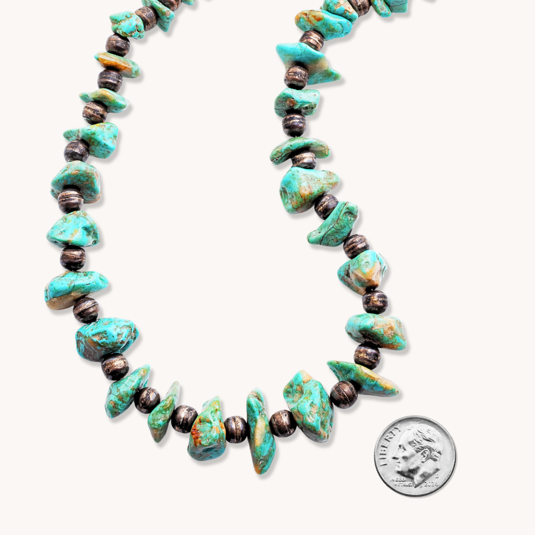 Turquoise Nugget and Sterling Silver Bench Beads Necklace
