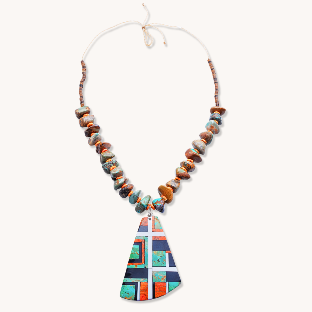 Statement Inlay Pendant on Turquoise and Spiny Oyster Beads Necklace