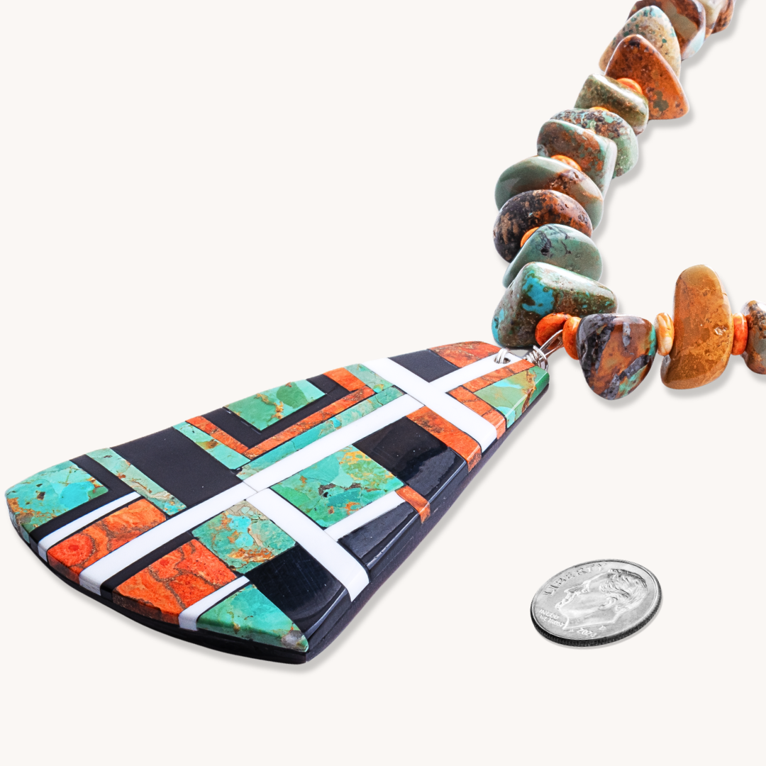Statement Inlay Pendant on Turquoise and Spiny Oyster Beads Necklace