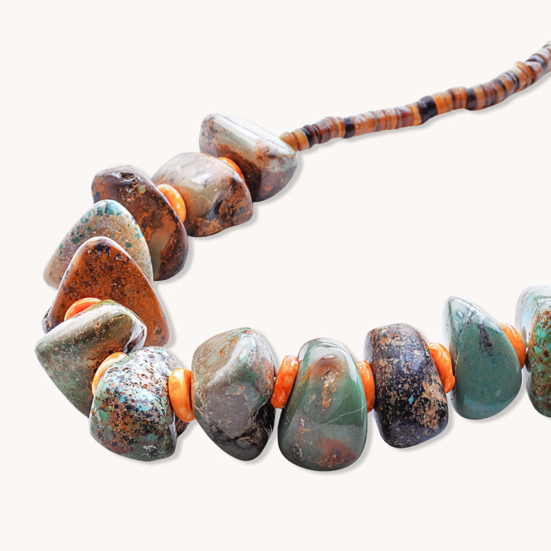 Statement Inlay Pendant on Turquoise and Spiny Oyster Beads Necklace