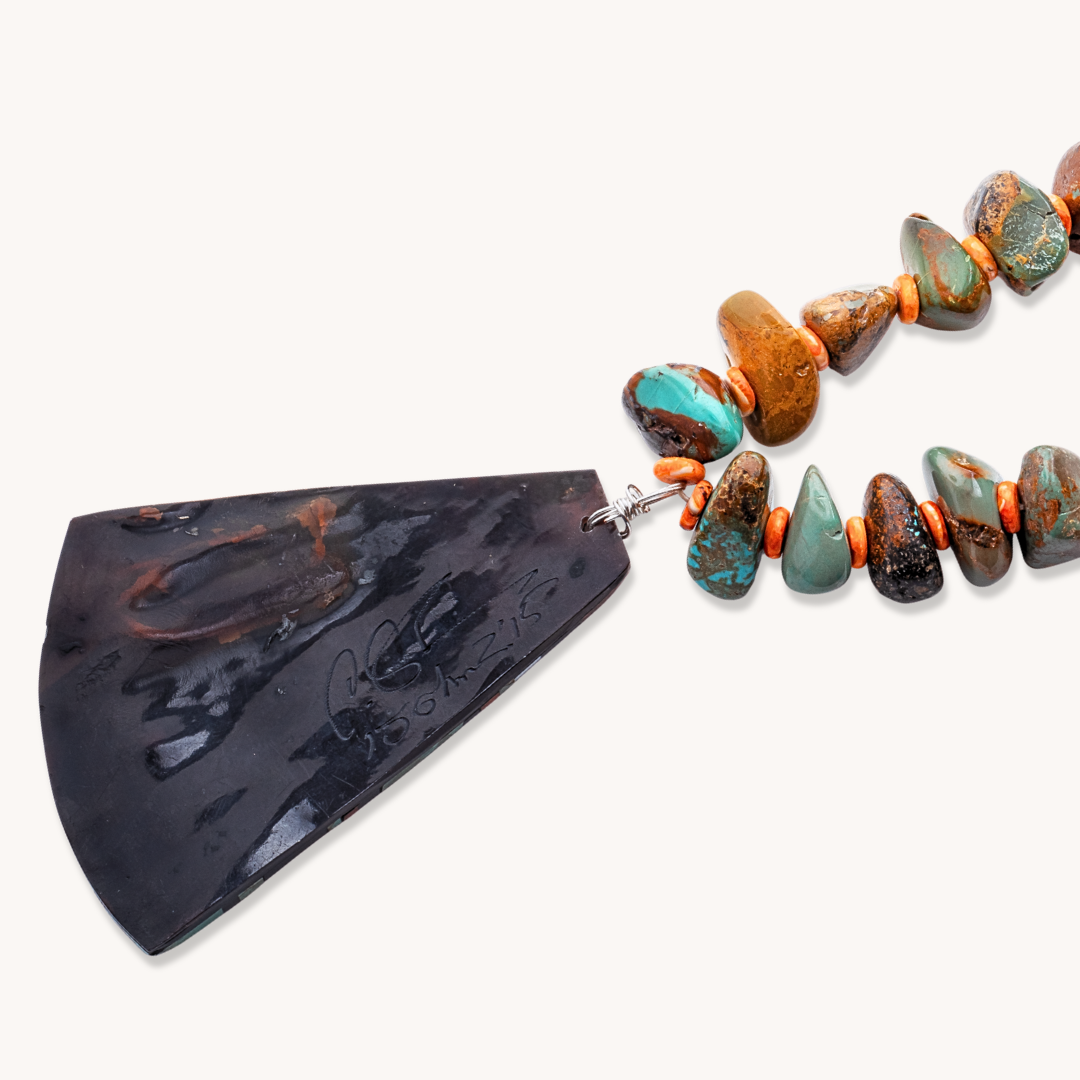 Statement Inlay Pendant on Turquoise and Spiny Oyster Beads Necklace