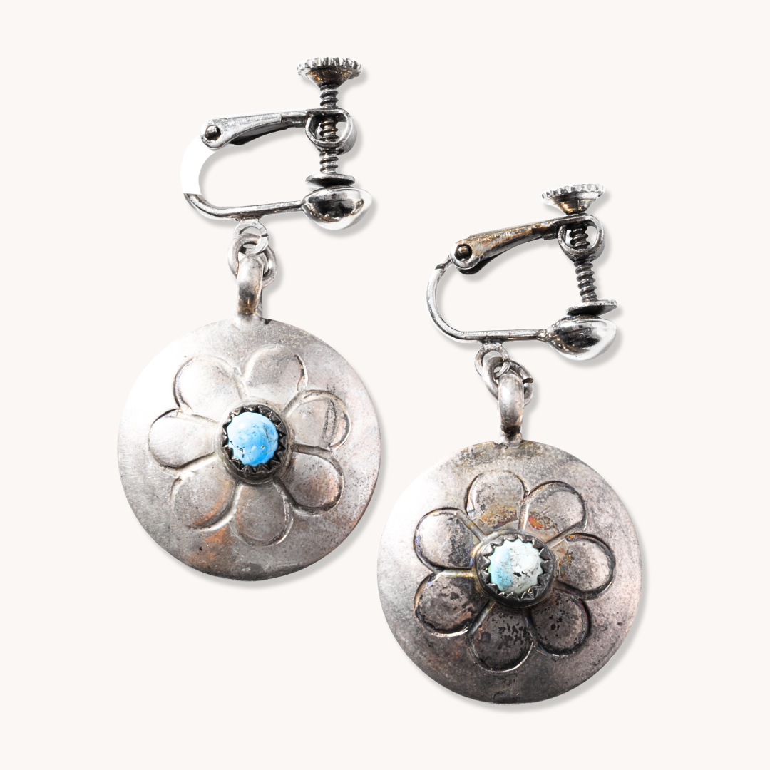 Turquoise Flower Concho Clip-On Earrings