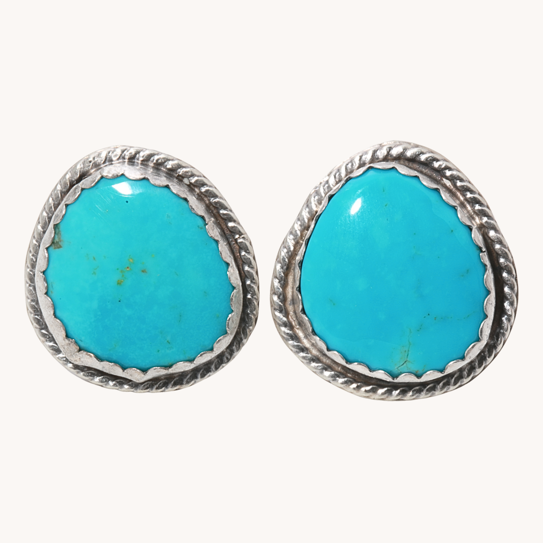 Turquoise Post Earrings with Scalloped Bezel
