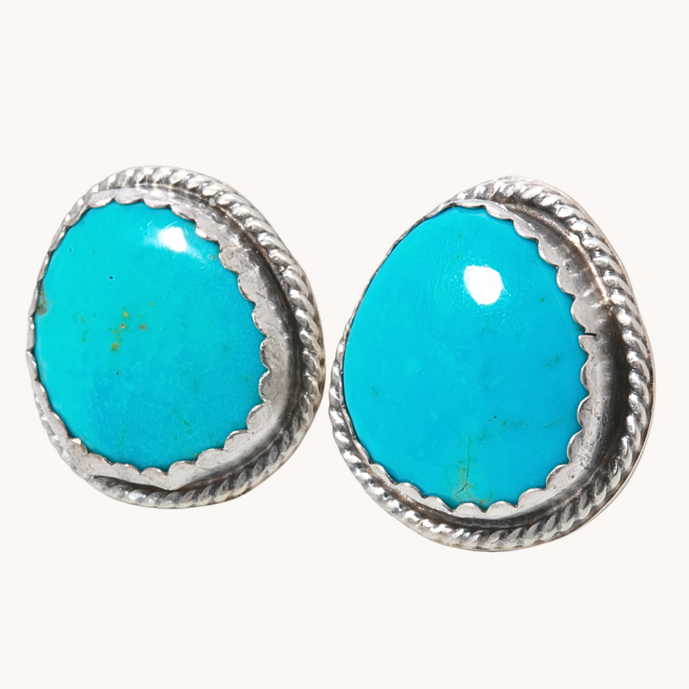 Turquoise Post Earrings with Scalloped Bezel