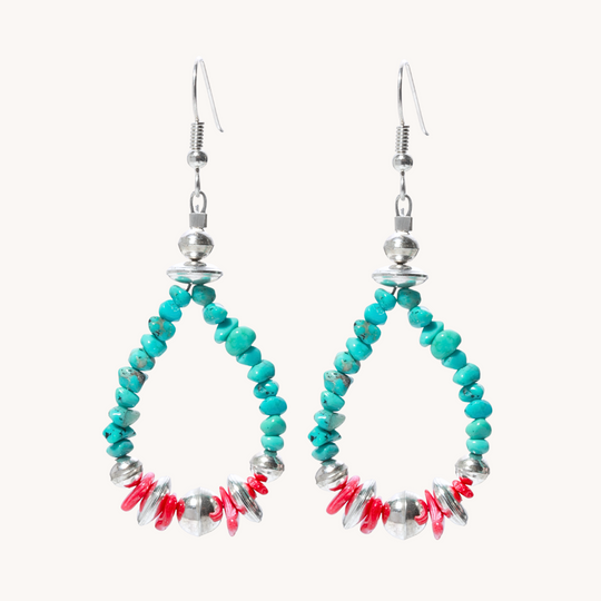 Turquoise and Coral Loop Earrings