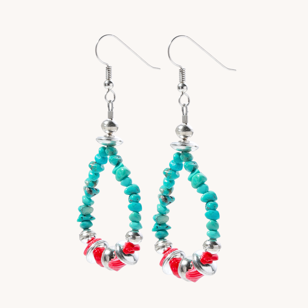 Turquoise and Coral Loop Earrings