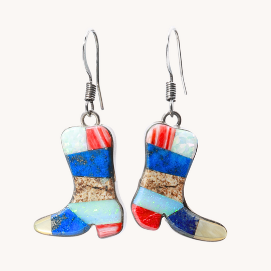 Multi-Stone Inlay Cowboy Boot Earrings