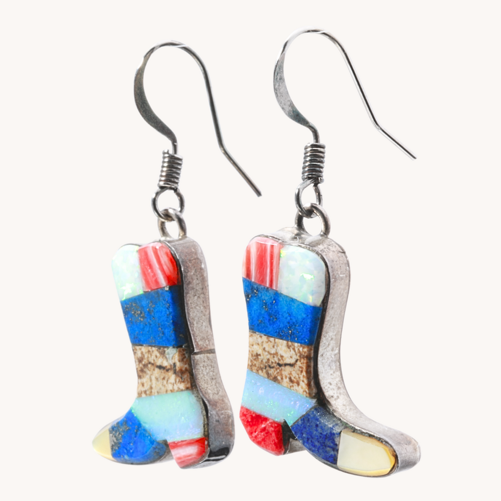 Multi-Stone Inlay Cowboy Boot Earrings