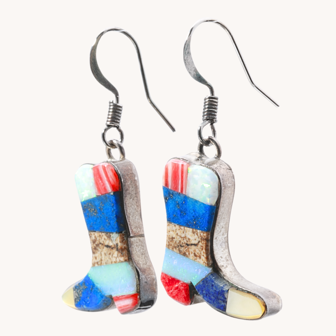 Multi-Stone Inlay Cowboy Boot Earrings