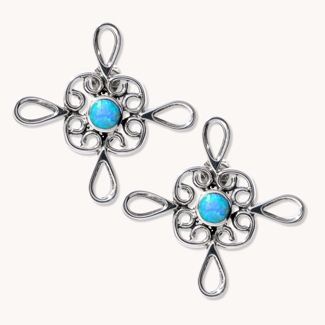Filigree Post Earrings with Blue Opal