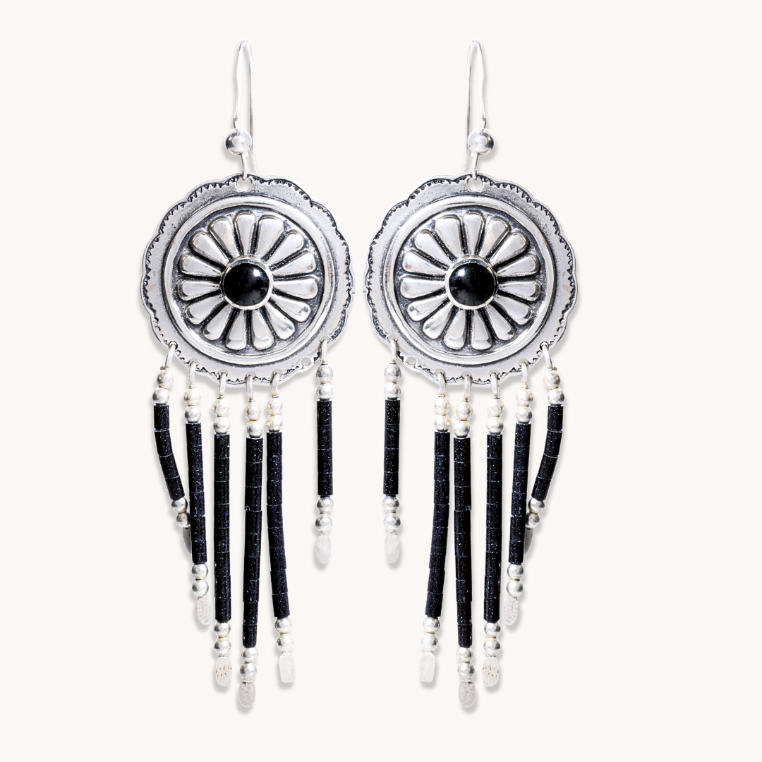 Sterling Silver Concho Dangle Earrings with Heishe Bead Drops