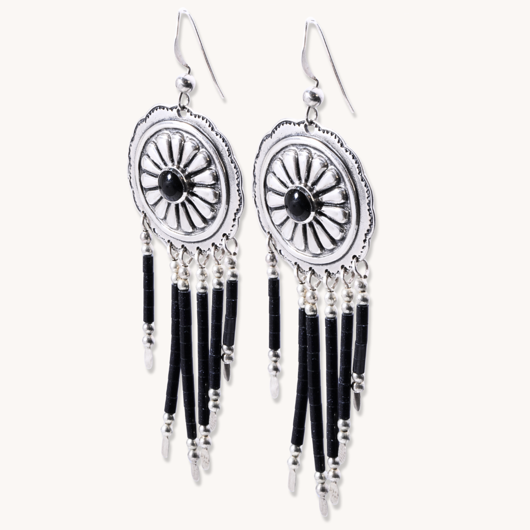 Sterling Silver Concho Dangle Earrings with Heishe Bead Drops