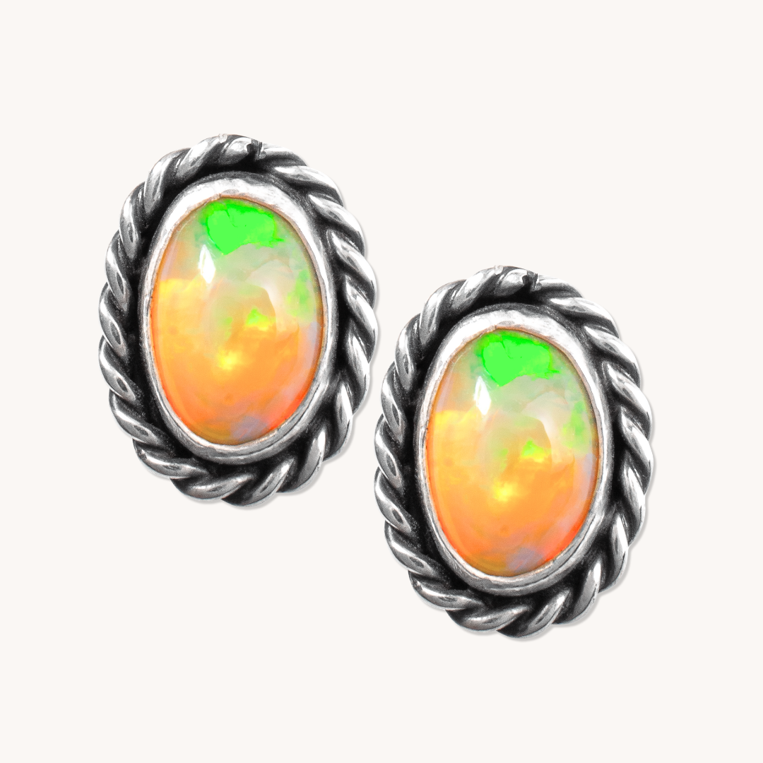 Handcrafted Opal Post Earrings with Twist Wire Border