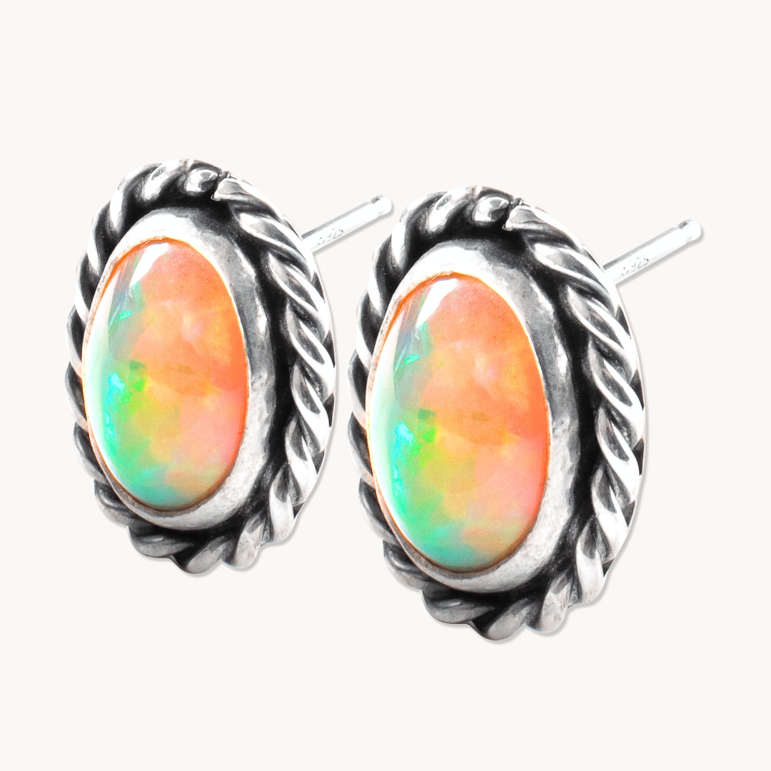 Handcrafted Opal Post Earrings with Twist Wire Border