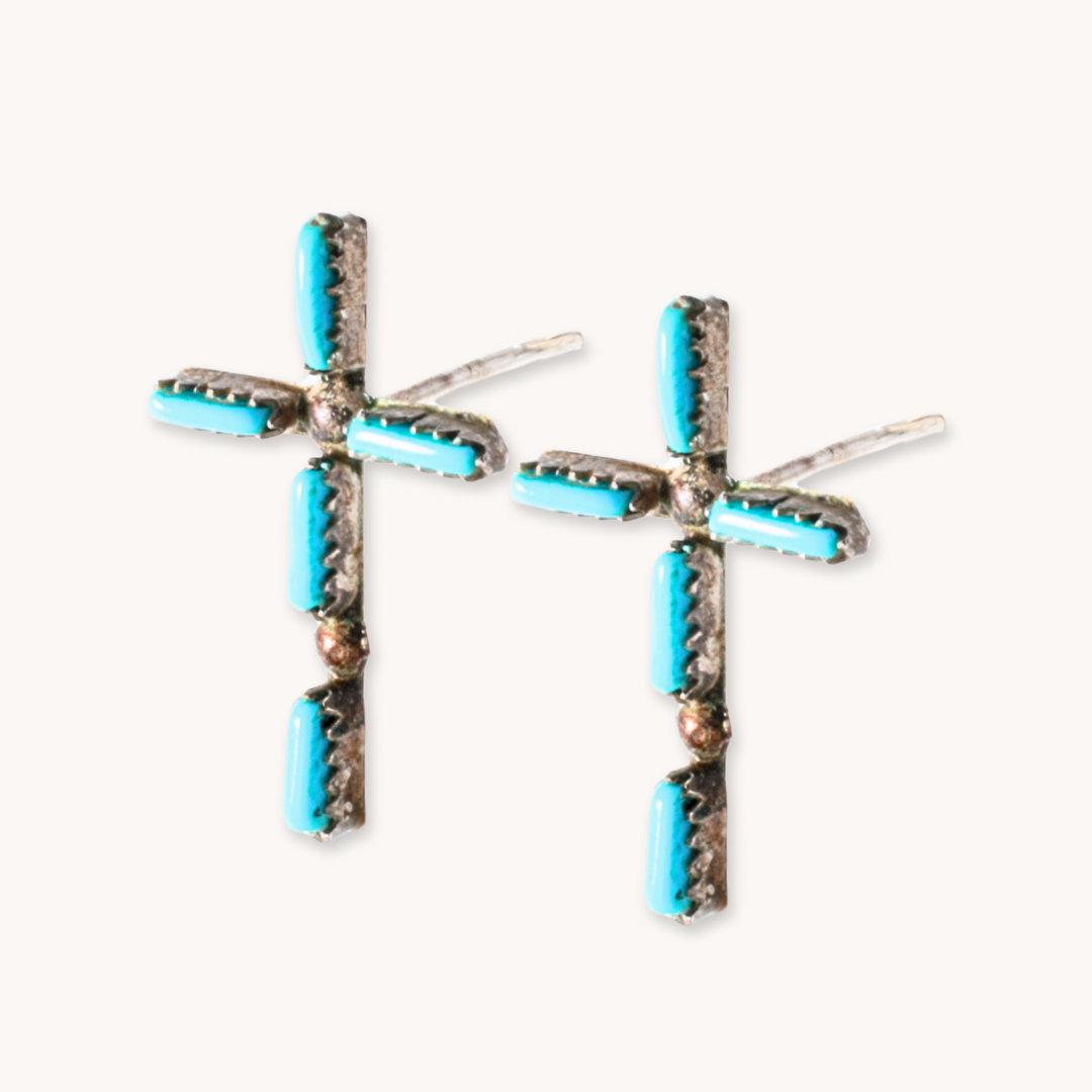 Vintage Zuni Petit Point Turquoise Cross Earrings
