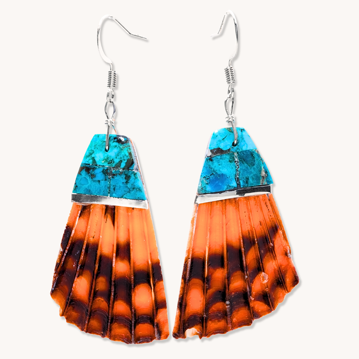 T.Skies Shell Inlay Dangle Earrings made of sterling silver, featuring vibrant orange and turquoise shell inlays.
