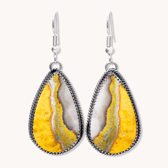 Bumblebee Jasper Dangle Earrings with Twist Wire Border