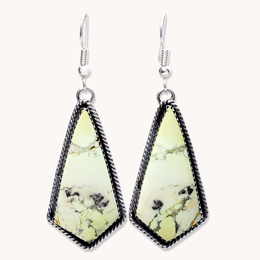 Lemon Chrysoprase Dangle Earrings with Twist Wire Border