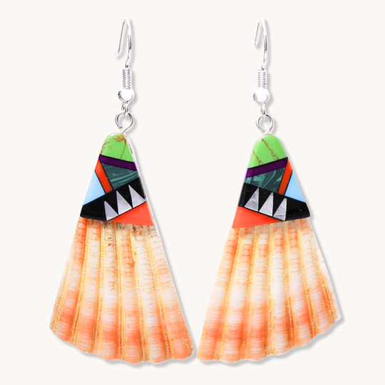 Shell Dangle Earrings with Multi-Stone Inlays